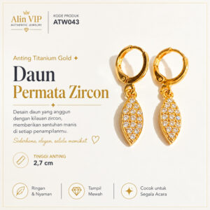 anting gantung klip gold titanium daun permata zircon alin vip atw043