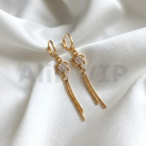 Anting lapis emas juntai motif bunga kincir taburan zircon rumbai panjang rantai model hoop klik ATW119