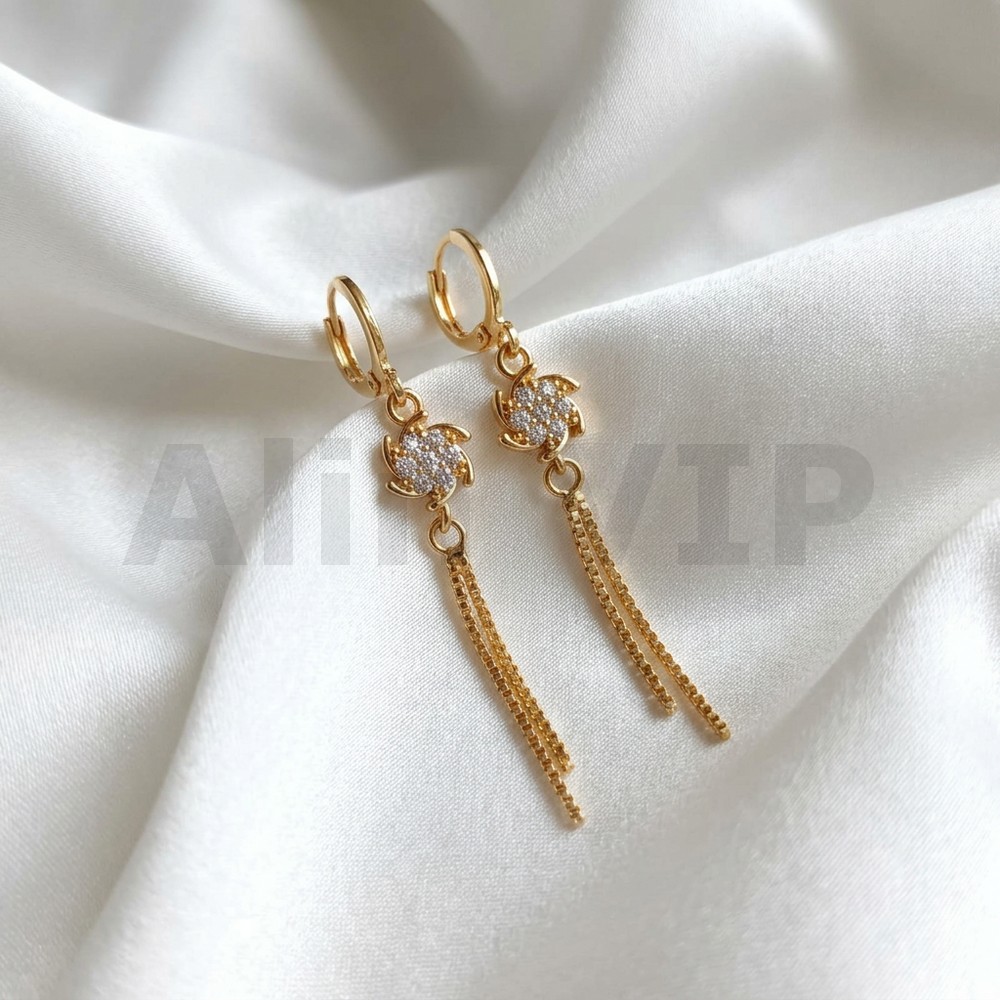 Anting lapis emas juntai motif bunga kincir taburan zircon rumbai panjang rantai model hoop klik ATW119