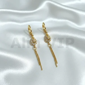 Anting lapis emas juntai motif tetes air taburan zircon rumbai panjang model hoop klik aman ATW092