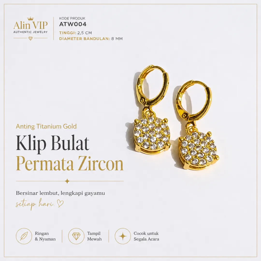 anting titanium gold gantung klip bulat permata zircon alin vip atw004