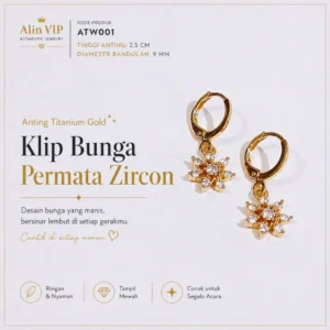 anting titanium gold gantung klip bunga permata zircon alin vip atw001
