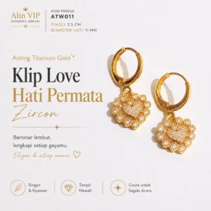 anting titanium gold gantung klip love hati permata zircon alin vip atw011