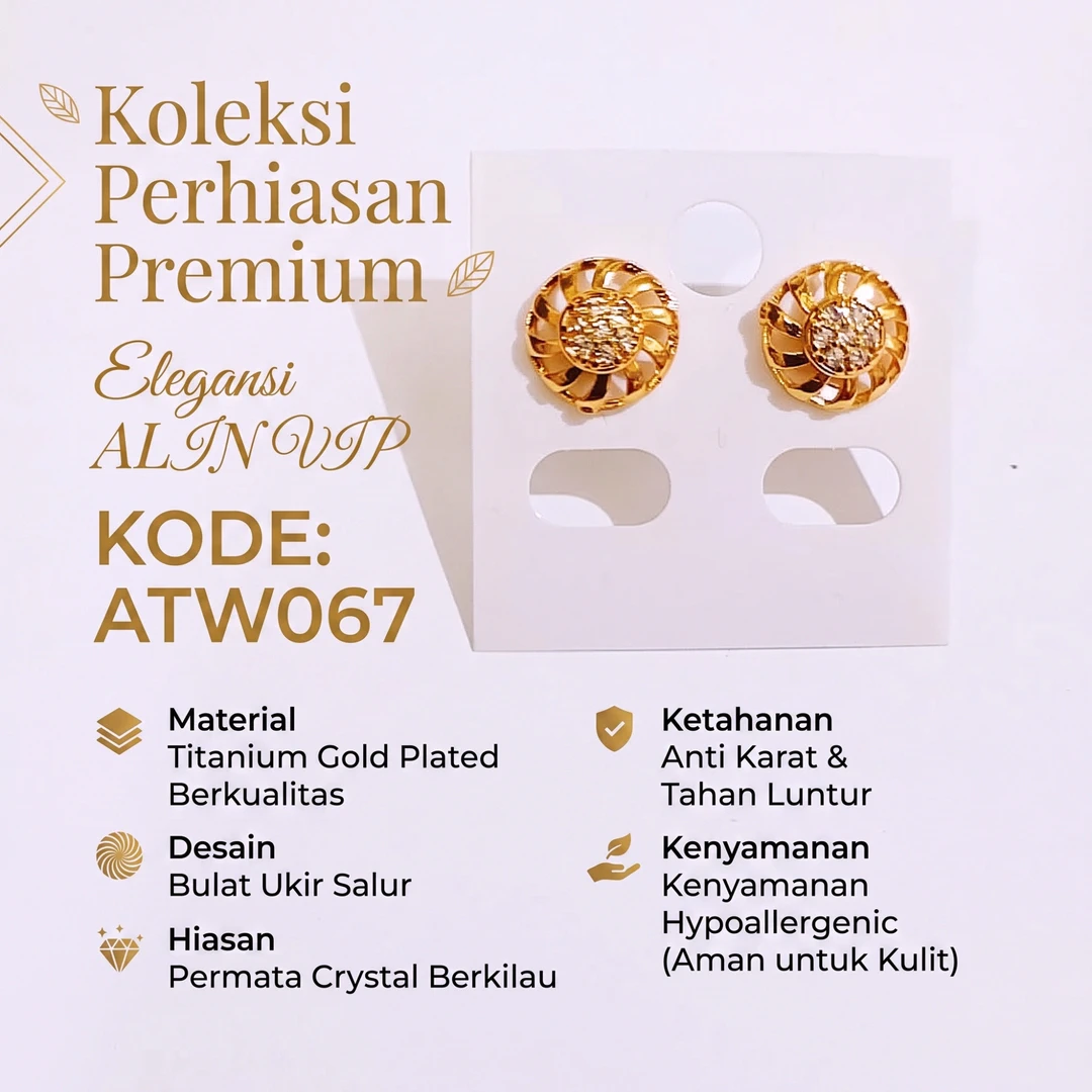 anting tusuk titanium gold bulat ukir salur permata zircon alin vip atw067