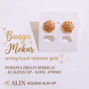 anting tusuk titanium gold bunga mekar permata zircon alin vip atw083