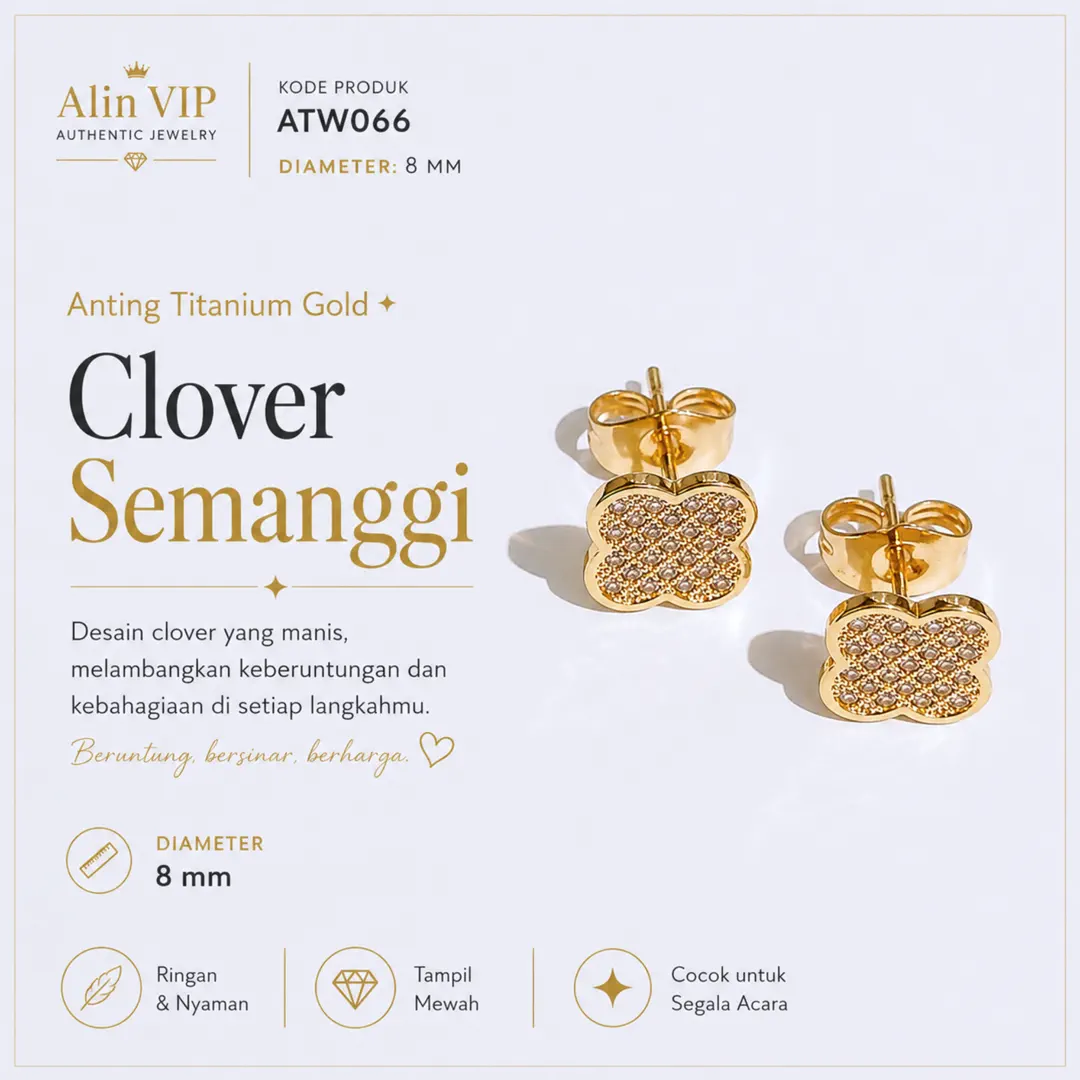 anting tusuk titanium gold clover semanggi permata zircon alin vip atw066