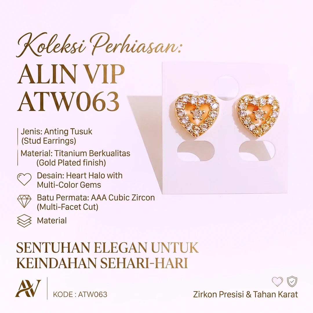 anting tusuk titanium gold love hati permata zircon alin vip atw063