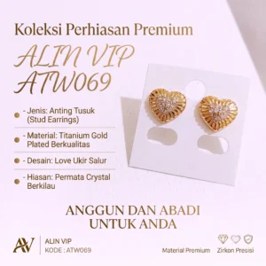 anting tusuk titanium gold love ukir salur permata zircon alin vip atw069