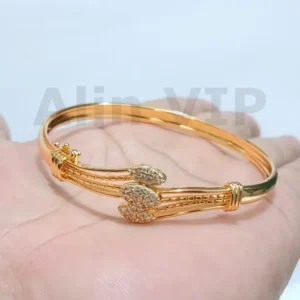 Gelang bangle wanita motif daun zircon pave lapis emas tiga daun permata ukuran 6 cm GLB027
