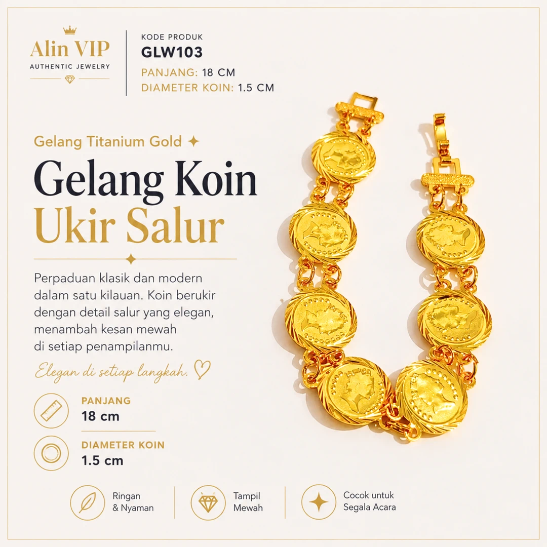 gelang koin gold titanium ukir salur alin vip glw103