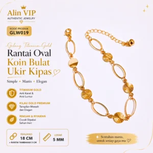 gelang rantai oval koin bulat ukir kipas titanium gold alin vip glw019