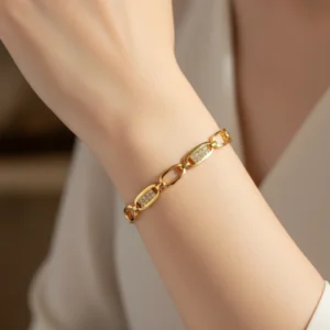gelang rantai oval titanium gold wanita permata zircon alin vip glw066