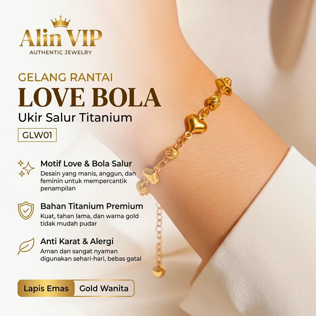 gelang rantai titanium gold wanita love bola ukir salur alin vip glw001