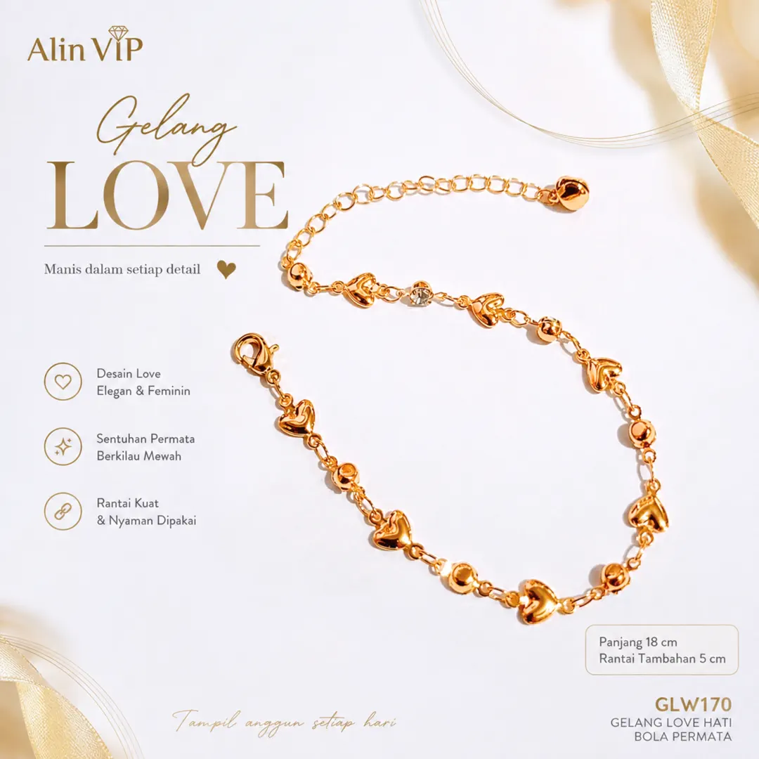 gelang titanium gold rantai love hati bola permata alin vip glw170