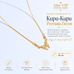 kalung wanita gold titanium rantai italy kupu kupu permata zircon alin vip klw036