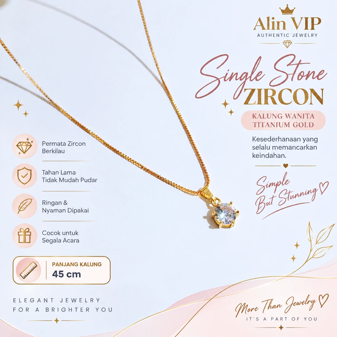 kalung wanita titanium gold rantai italy mata satu permata zircon alin vip klw081