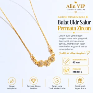 kalung wanita titanium rantai italy gold bulat ukir salur permata zircon alin vip klw078