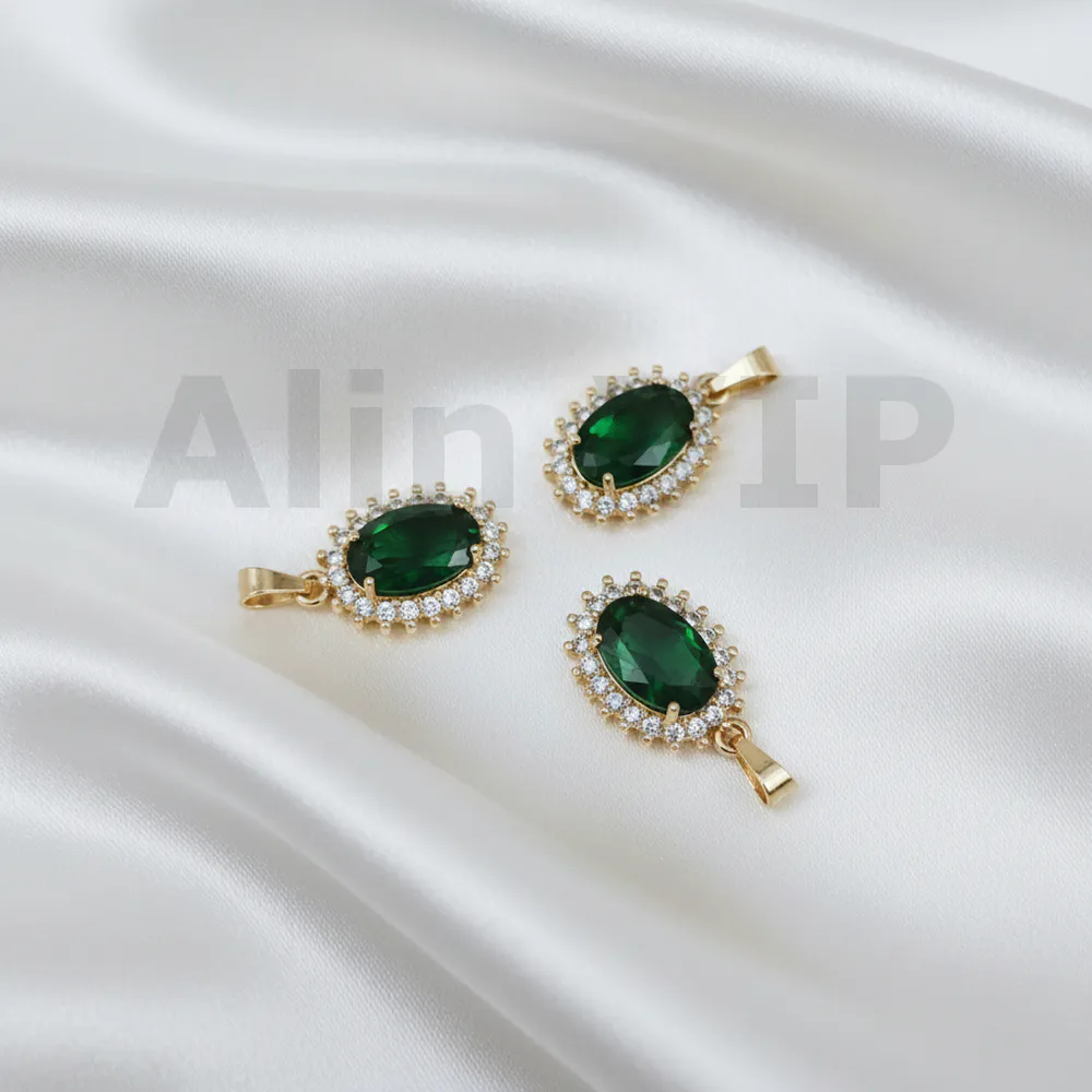 Liontin emas batu hijau oval permata zircon dengan bingkai mewah LTW004