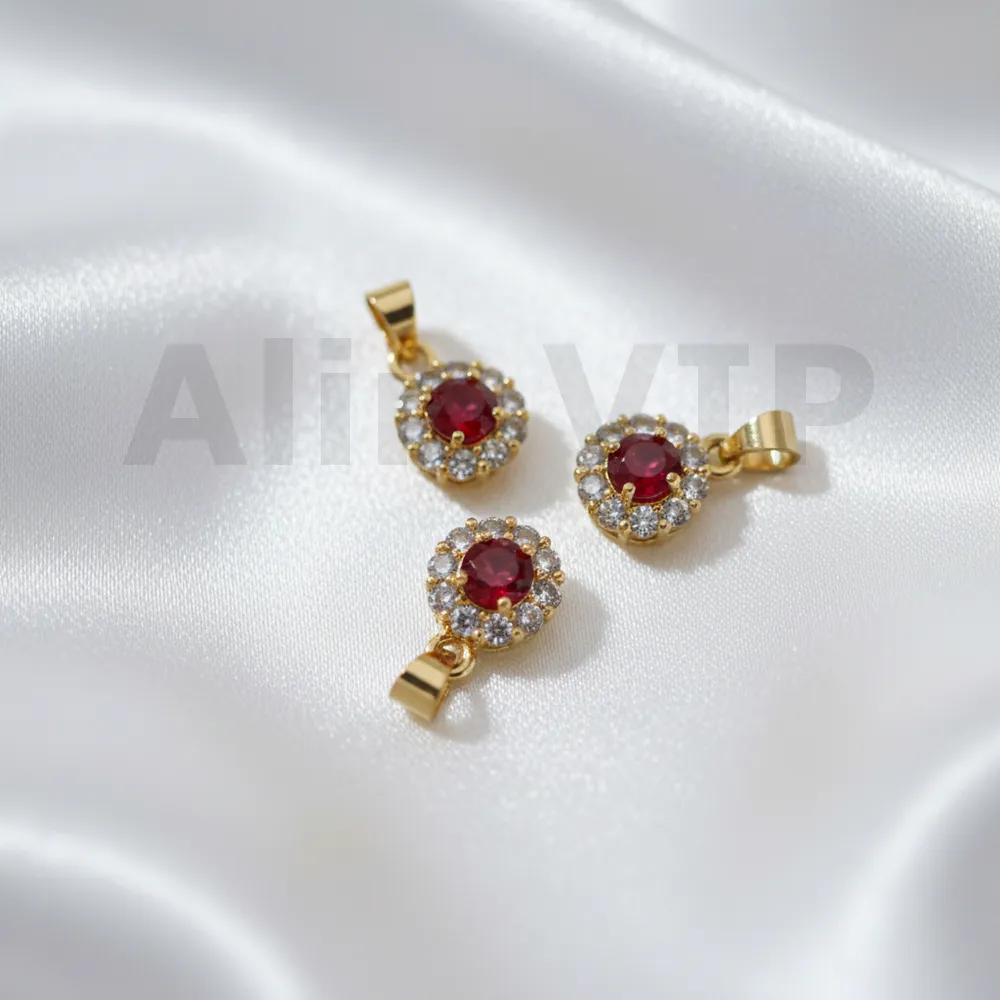 Liontin bulat permata merah zircon dengan aksen kristal kecil berkilau LTW025