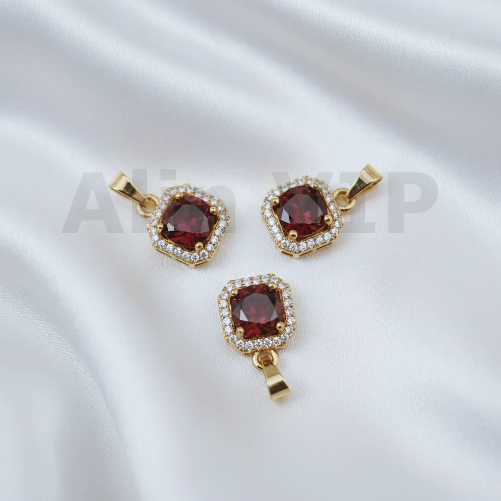 Liontin kotak permata merah zircon desain tegas modern LTW013