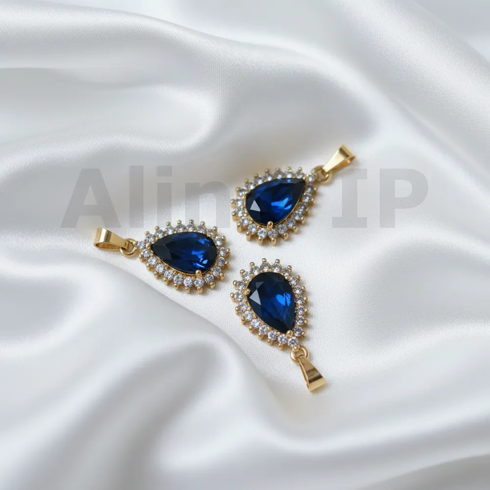 Liontin teardrop biru desain halo permata zircon tenang damai elegan menawan LTW055