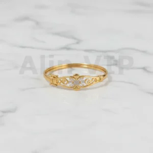 Gelang bangle lapis emas motif bunga ukir klasik dengan permata zircon ukuran diameter 6 cm GLB050