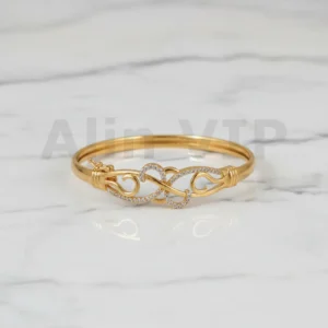 Gelang bangle lapis emas motif infinity love permata zircon ukuran diameter 6 cm pengunci samping GLB052