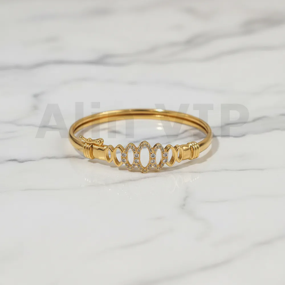 Gelang bangle lapis emas motif oval permata zircon desain modern minimalis ukuran diameter 6 cm GLB051