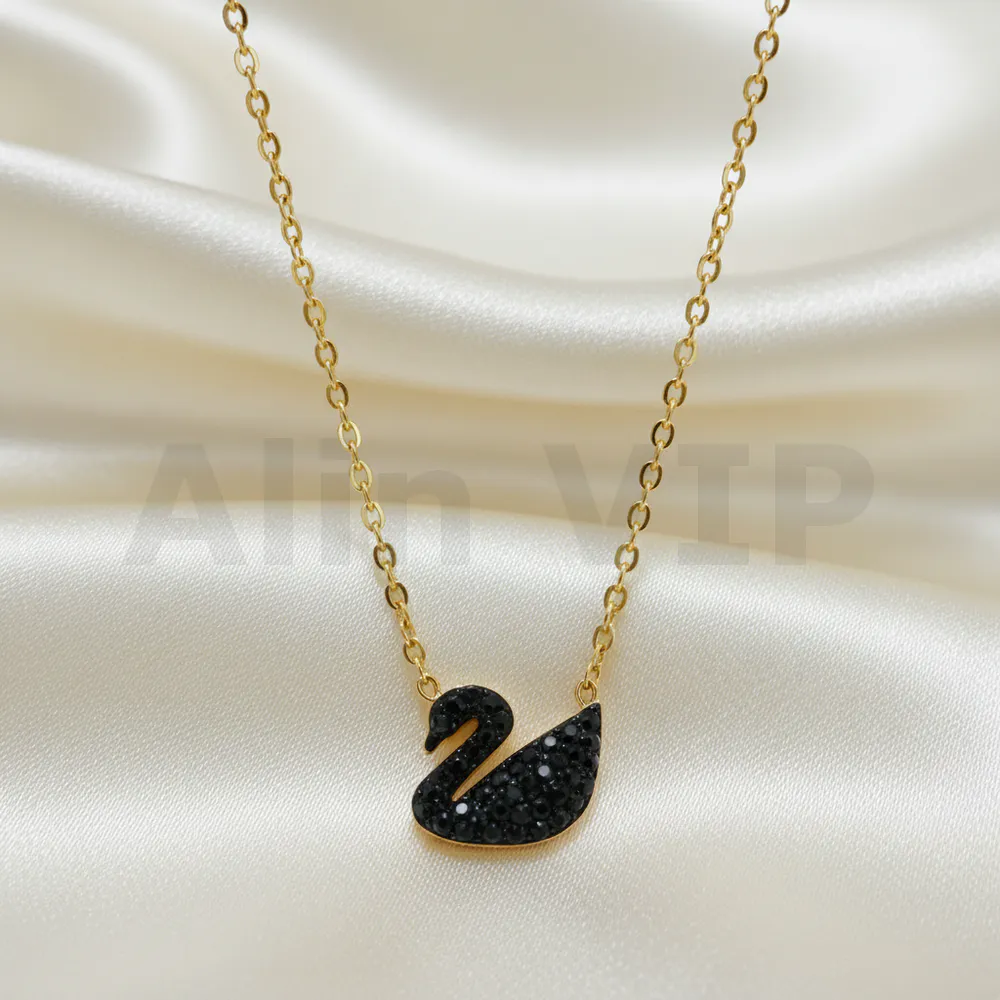 kalung gold liontin angsa swan full permata hitam elegan klw058 alin vip