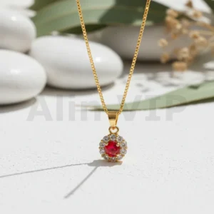 kalung gold liontin bola kristal permata merah minimalis klw111 alin vip