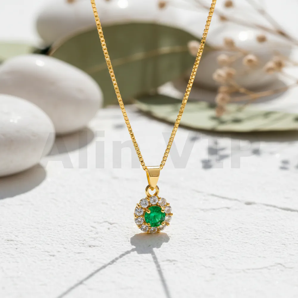 kalung gold liontin bulat dua lapis permata hijau klw110 alin vip