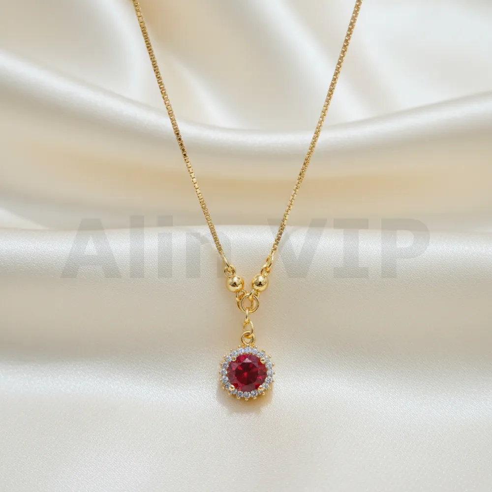 kalung gold liontin bulat solitaire permata merah elegan klw065 alin vip