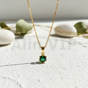 kalung gold liontin geometris persegi aksen permata hijau klw114 alin vip