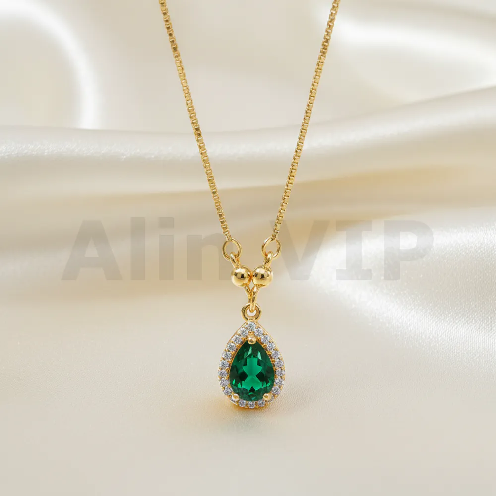 kalung gold liontin tetes air permata hijau segar klw051 alin vip