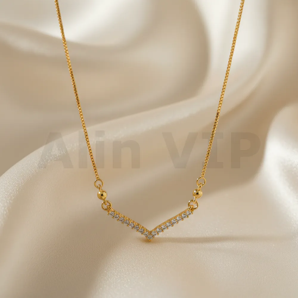 kalung gold liontin v minimalis baris permata elegan klw075 alin vip