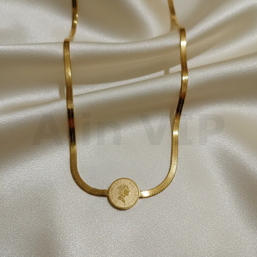 kalung gold rantai pipih liontin koin elizabeth klasik klw086 alin vip