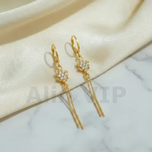 Anting Lapis Emas Juntai Motif Bunga Zircon Rumbai Panjang - Alin VIP ATW119
