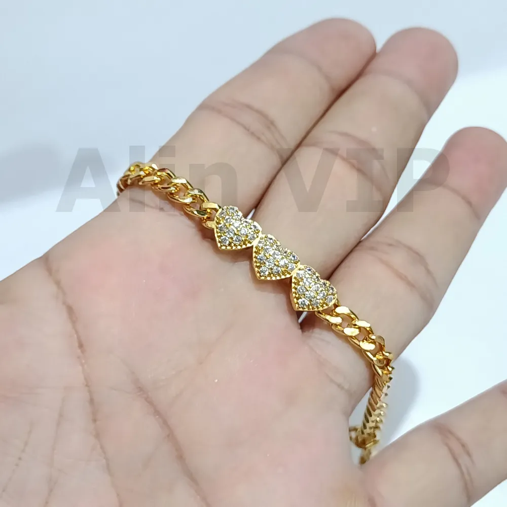 gelang anak rantai 3 hati zirconia lapis gold untuk kado alin vip gla005
