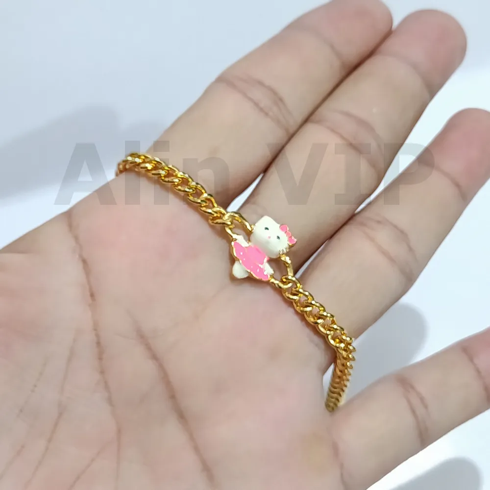 gelang anak rantai charm kucing boneka dress pink lapis gold lucu alin vip gla014