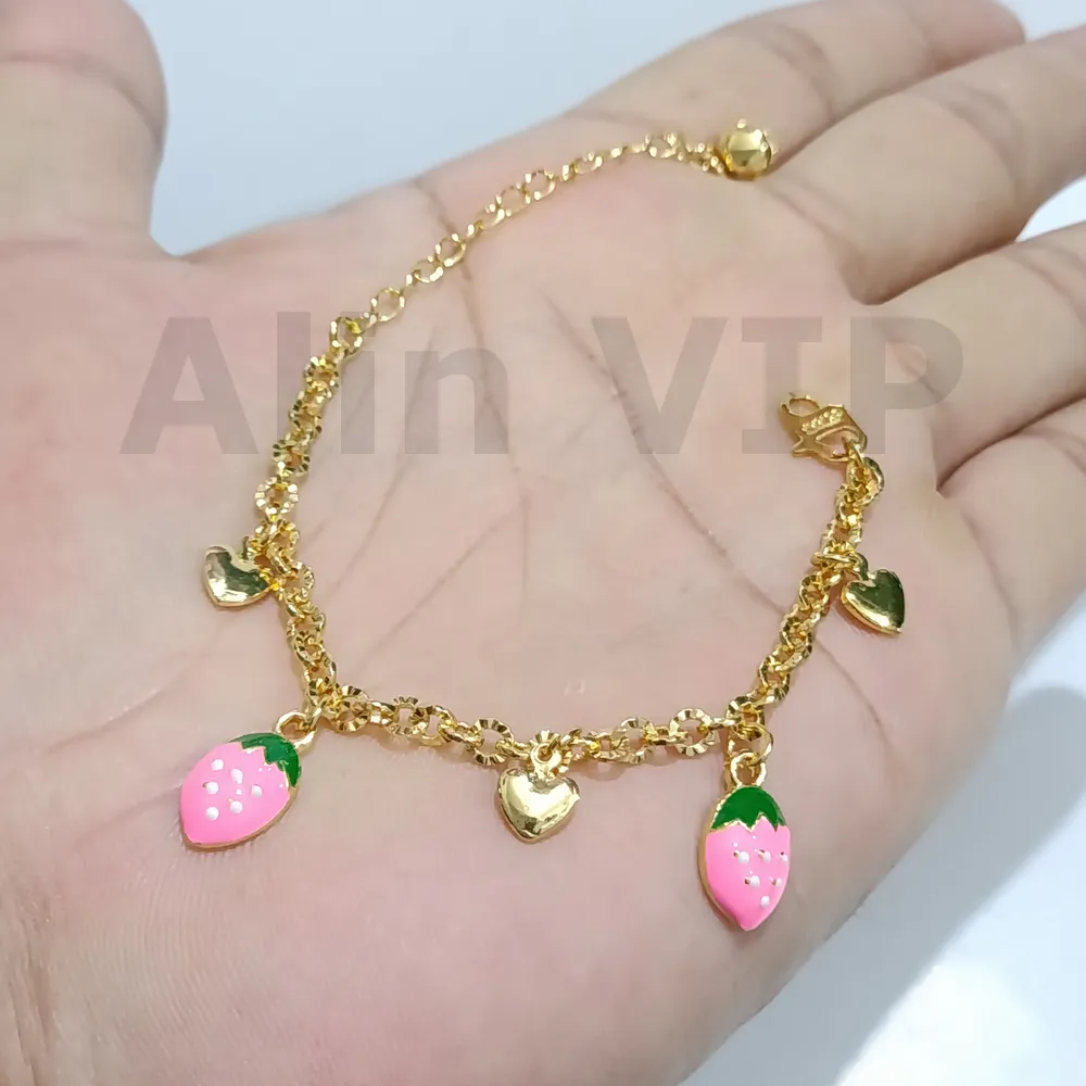 gelang anak rantai charm stroberi hati lapis gold warna warni ceria alin vip gla010