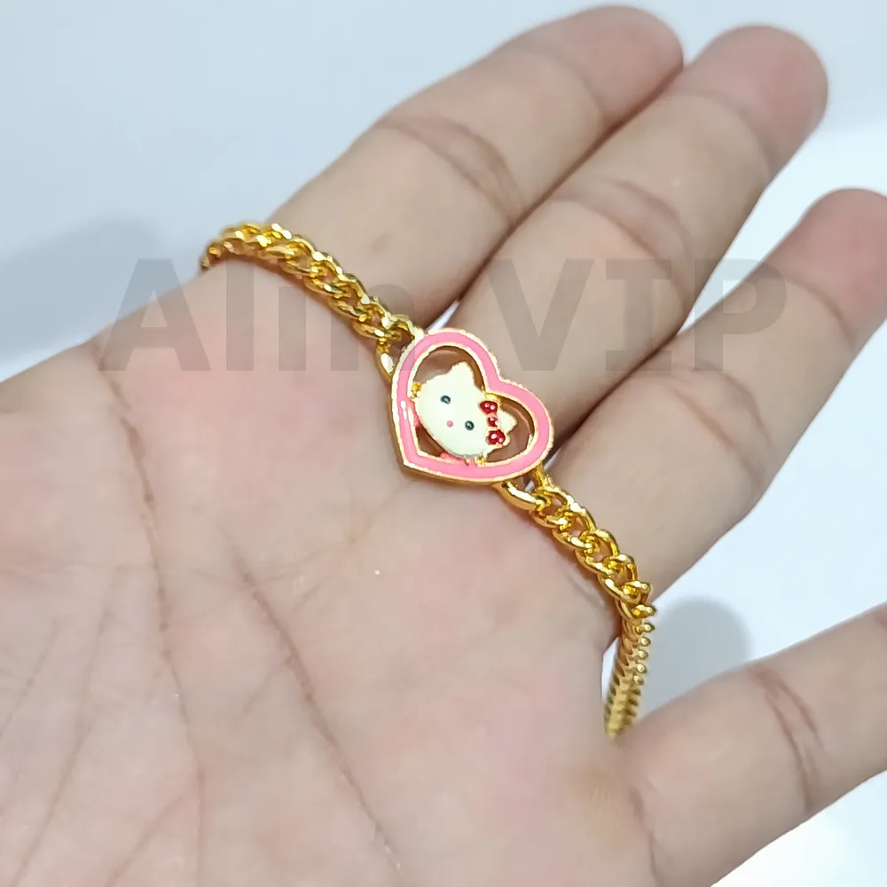 gelang anak rantai frame hati kucing pita merah lapis emas girly cantik alin vip gla016