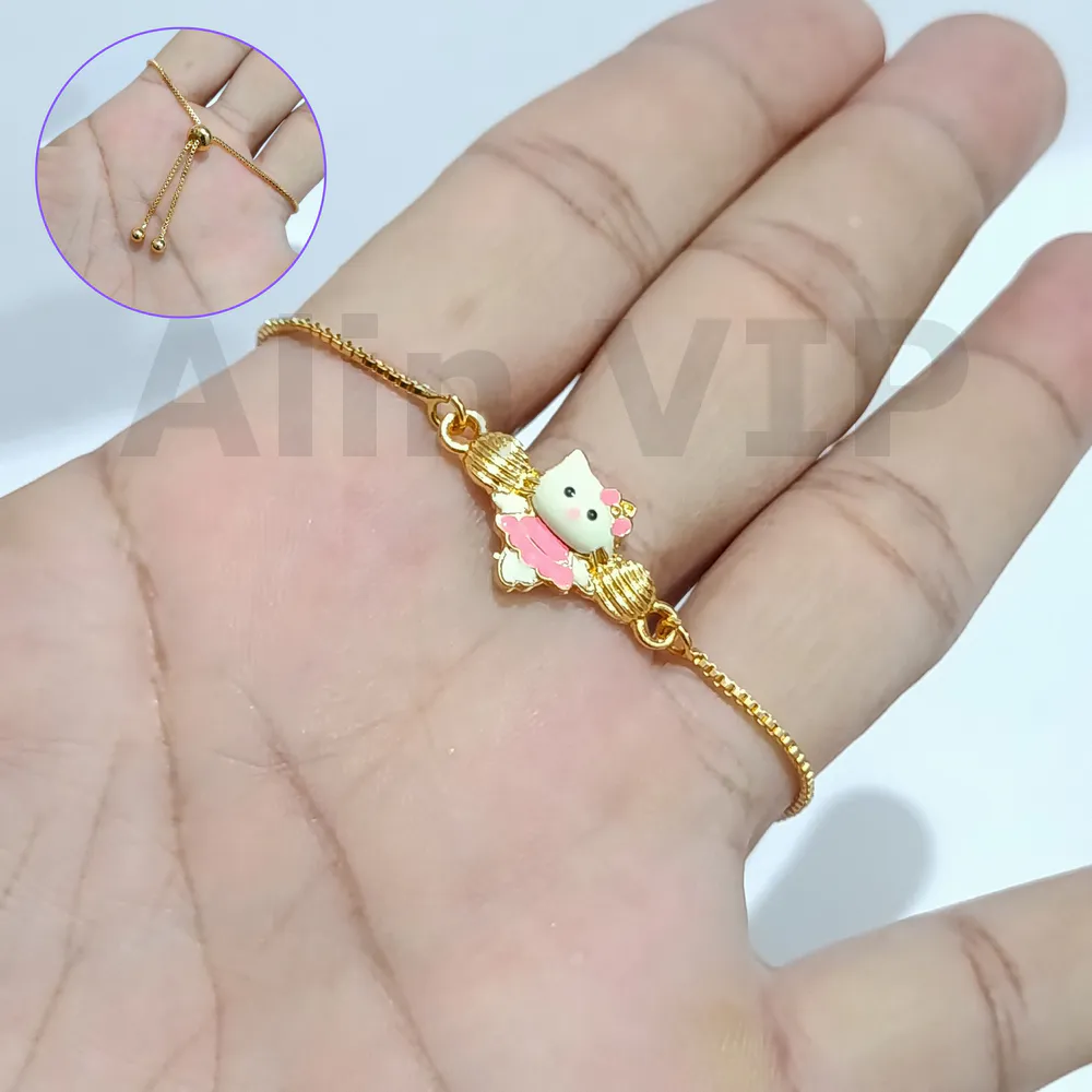 gelang anak serut gaun pink charm kucing lapis emas lembut tidak luntur alin vip gla022