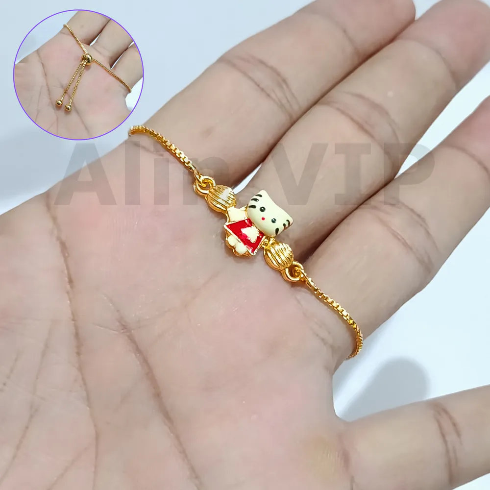 gelang anak serut tali kotak charm kucing dress merah gold plated ringan awet alin vip gla020