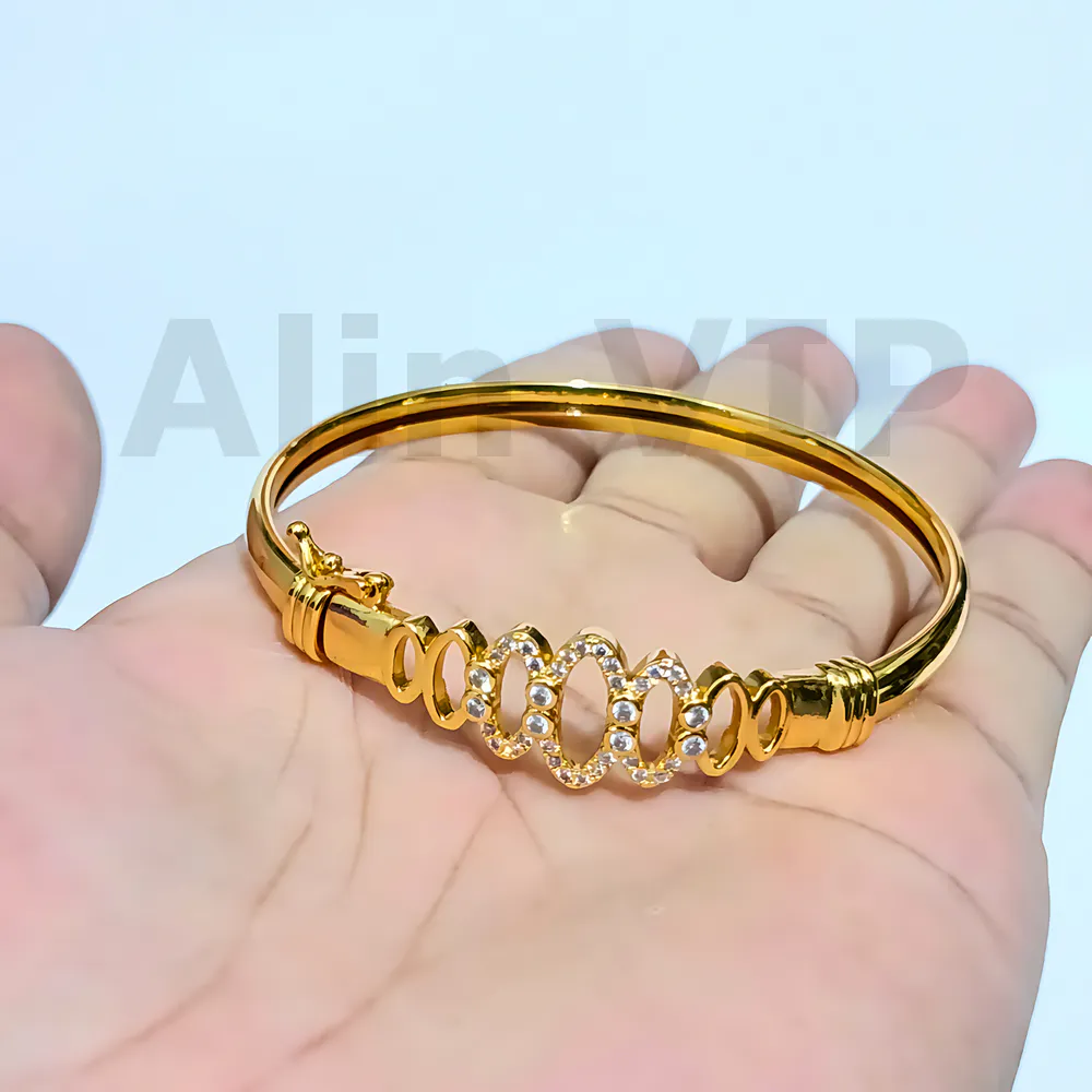 gelang bangle oval zirconia warna gold titanium deret lingkaran cantik kilau harian tidak luntur alin vip glb025