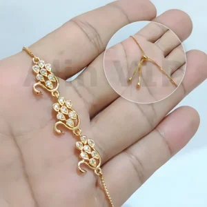 gelang serut angsa kembar tiga aksen daun permata gold alin vip gls006