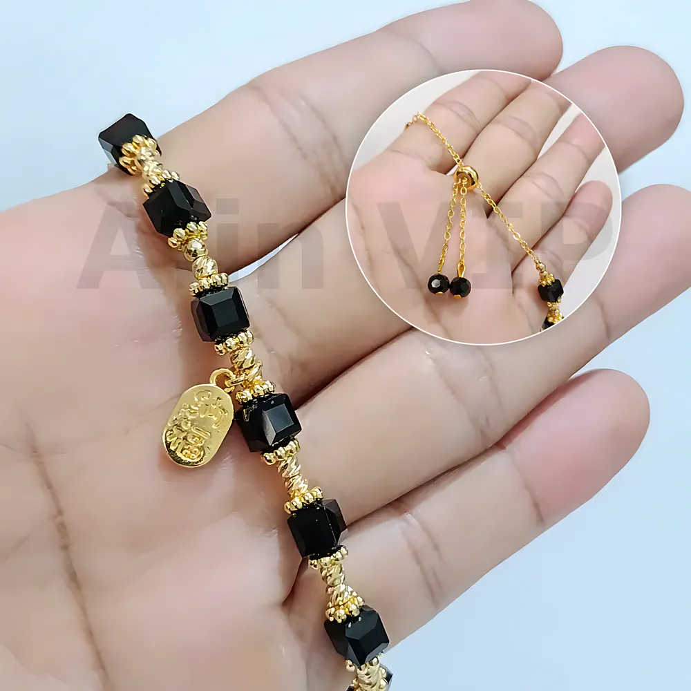 gelang serut kristal hitam aksesoris wanita elegan lapisan logam alin vip gls024