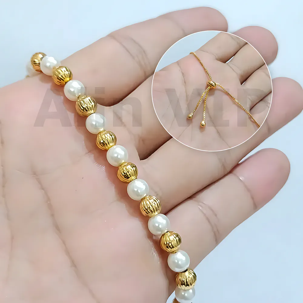 gelang serut manik mutiara anggun aksen bola gold alin vip gls015