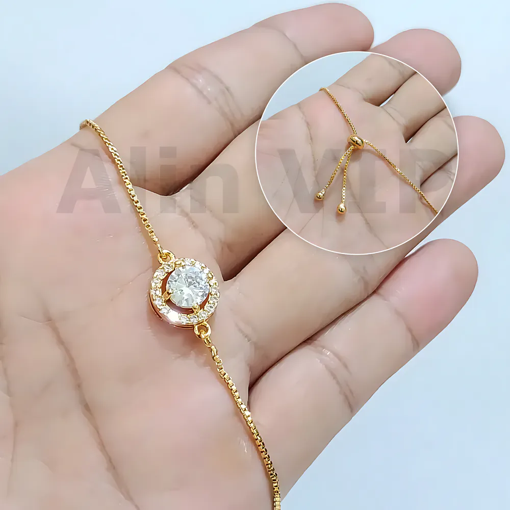 gelang serut permata tunggal bulat bingkai zircon lapisan gold alin vip gls023