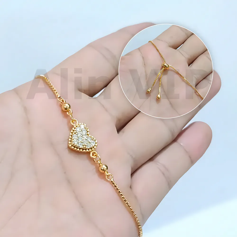 gelang serut wanita lapis emas charm hati zirconia elegan alin vip gls009
