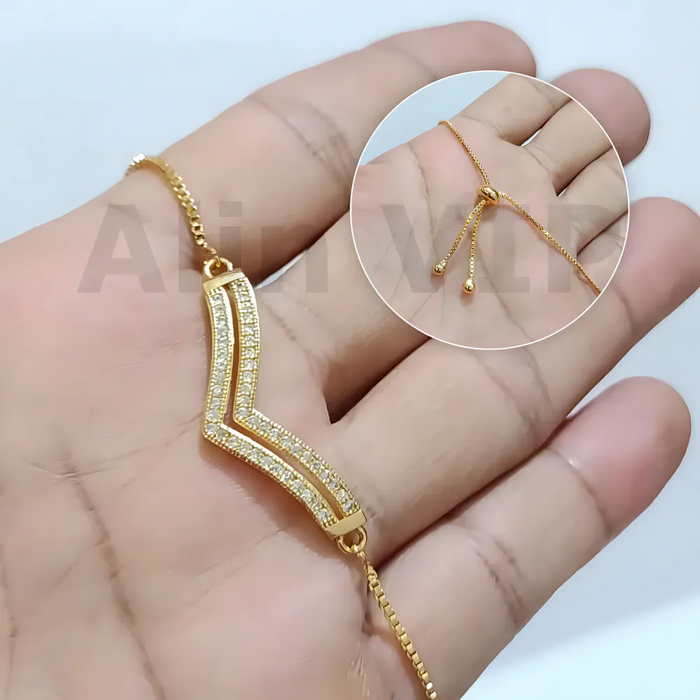 gelang serut wanita lapis emas model v permata zirconia alin vip gls043